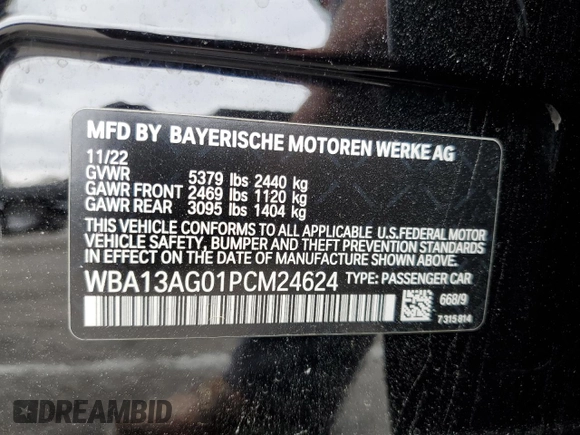 2023 BMW 5 Series 530e with VIN WBA13AG01PCM24624, listed as a Copart auction lot 55149855 with 26,022 mi miles and Salvage title. Bid and sale history available at DreamBid. Image 13.