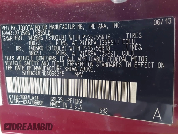 2013 Toyota Sienna XLE with VIN 5TDDK3DC1DS068215, listed as a IAAI auction lot 41610737 with 168,186 mi miles and . Bid and sale history available at DreamBid. Image 9.