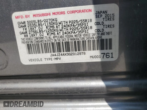 2016 Mitsubishi Outlander GT with VIN JA4JZ4AX3GZ012978, listed as a Copart auction lot 52554645 with 124,486 mi miles and Salvage title. Bid and sale history available at DreamBid. Image 13.