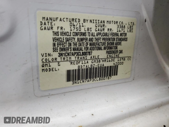2012 Nissan Versa S with VIN 3N1CN7AP3CL800787, listed as a Copart auction lot 47553145 with 253,628 mi miles and Salvage Title. Bid and sale history available at carsss.com. Image 13.