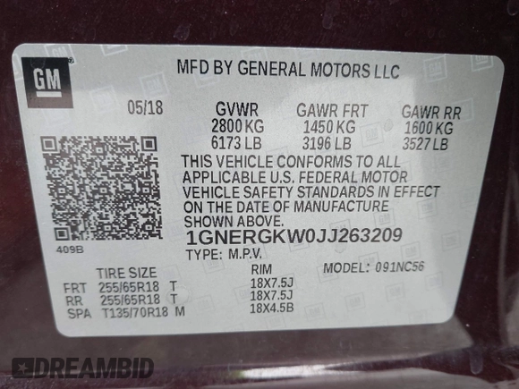 2018 Chevrolet Traverse LT Cloth with VIN 1GNERGKW0JJ263209, listed as a IAAI auction lot 42294170 with 115,619 mi miles and . Bid and sale history available at DreamBid. Image 9.