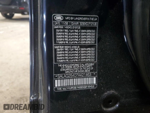 2007 Land Rover LR3 HSE with VIN SALAG25407A421463, listed as a Copart auction lot 57269135 with 224,106 mi miles and Non repairable. Bid and sale history available at DreamBid. Image 14.