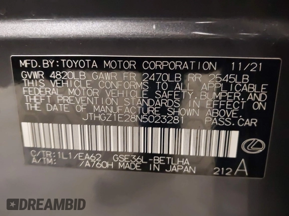 2022 Lexus IS 350 F Sport with VIN JTHGZ1E28N5023281, listed as a IAAI auction lot 41881141 with 29,040 mi miles and . Bid and sale history available at DreamBid. Image 9.