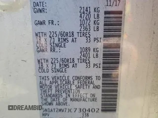 2018 Nissan Rogue SV z VIN 5N1AT2MV7JC730402, wystawiony jako Copart lot #58430025 z przebiegiem 169 627 mil mil oraz Szkoda całkowita • Salvage title. Historia ofert i sprzedaży dostępna na DreamBid. Obrazek 13.