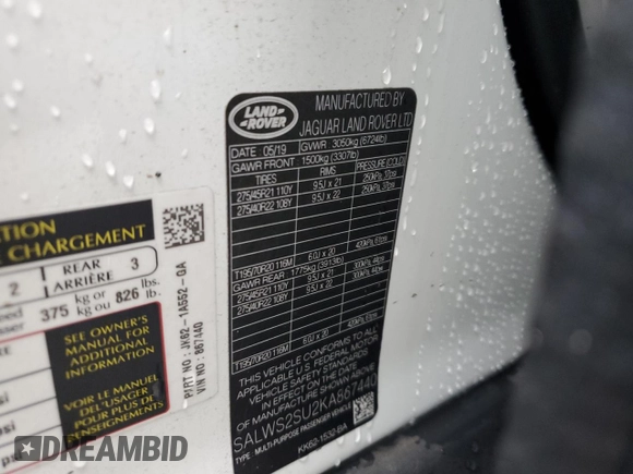 2019 Land Rover Range Rover Sport HST with VIN SALWS2SU2KA867440, listed as a Copart auction lot 46643685 with 68,192 mi miles and Salvage title. Bid and sale history available at DreamBid. Image 15.