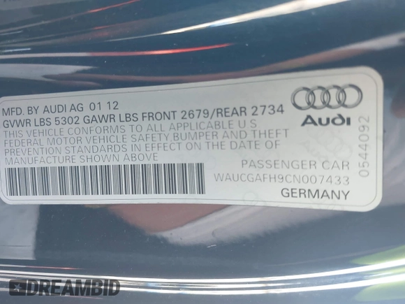 2012 Audi S5 Premium Plus z VIN WAUCGAFH9CN007433, wystawiony jako IAAI lot #41250787 z przebiegiem 107 140 mil mil oraz . Historia ofert i sprzedaży dostępna na DreamBid. Obrazek 9.