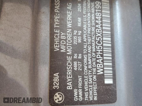 2011 BMW 3 Series 328i with VIN WBAPH5C5XBA448199, listed as a Copart auction lot 61127795 with 158,783 mi miles and Salvage title. Bid and sale history available at DreamBid. Image 12.