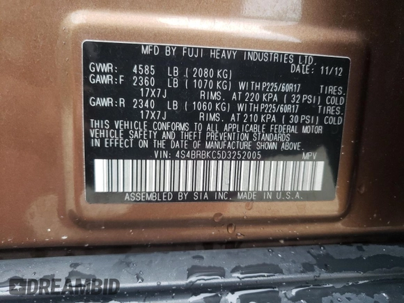 2013 Subaru Outback Limited with VIN 4S4BRBKC5D3252005, listed as a Copart auction lot 64206455 with 110,680 mi miles and Salvage title. Bid and sale history available at DreamBid. Image 13.