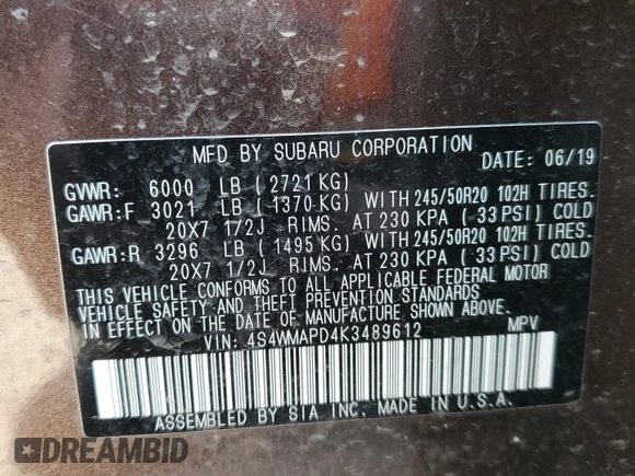2019 Subaru Ascent Limited with VIN 4S4WMAPD4K3489612, listed as a Copart auction lot 54060285 with 59,500 mi miles and Salvage title. Bid and sale history available at DreamBid. Image 14.