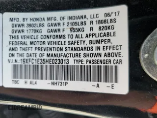 2017 Honda Civic EX-T with VIN 19XFC1E35HE023013, listed as a Copart auction lot 53592114 with 89,260 mi miles and Salvage Title. Bid and sale history available at DreamBid. Image 12.