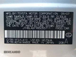 2008 Lexus LS 460 with VIN JTHBL46F985055711, listed as a IAAI auction lot 41771863 with 163,741 mi miles and . Bid and sale history available at DreamBid. Image 9.