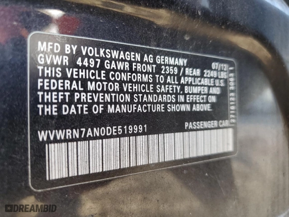 2013 Volkswagen CC Lux with VIN WVWRN7AN0DE519991, listed as a Copart auction lot 84493504 with 116,969 mi miles and Salvage Title. Bid and sale history available at carsss.com. Image 13.
