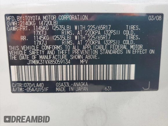 2008 Toyota RAV4 Limited с VIN JTMBK31VX85059134, выставлен на аукционе Copart как лот 60205915 с пробегом 156 920 миль миль и Списание • Salvage title. История ставок и продаж доступна на DreamBid. Изображение 13.
