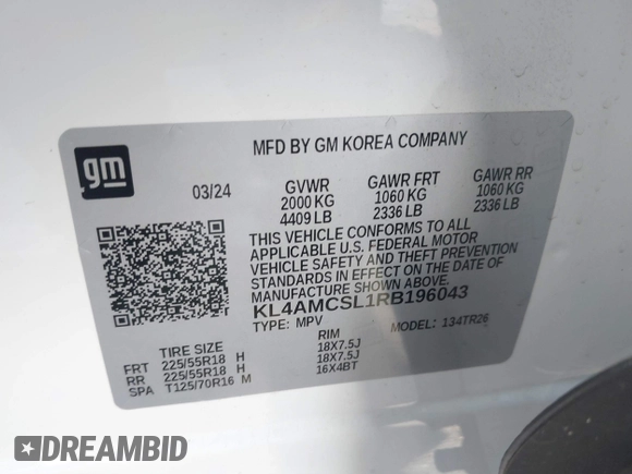 2024 Buick Encore GX Preferred with VIN KL4AMCSL1RB196043, listed as a IAAI auction lot 41131649 with 7,122 mi miles and . Bid and sale history available at DreamBid. Image 9.