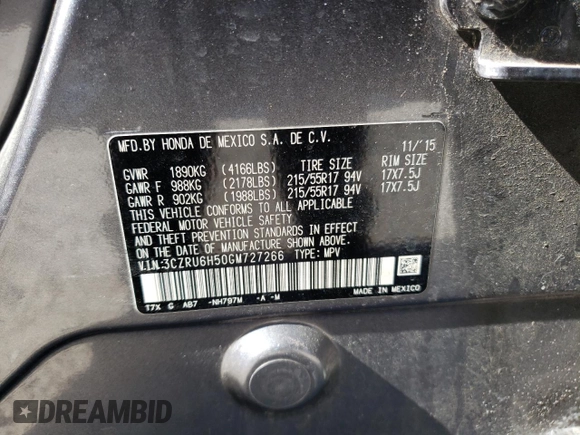 2016 Honda HR-V EX with VIN 3CZRU6H50GM727266, listed as a Copart auction lot 48532475 with 87,445 mi miles and Salvage Title. Bid and sale history available at carsss.com. Image 14.