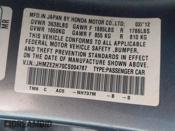 2012 Honda Insight EX z VIN JHMZE2H70CS004787, wystawiony jako IAAI lot #40668475 z przebiegiem 127 599 mil mil oraz . Historia ofert i sprzedaży dostępna na DreamBid. Obrazek 9.