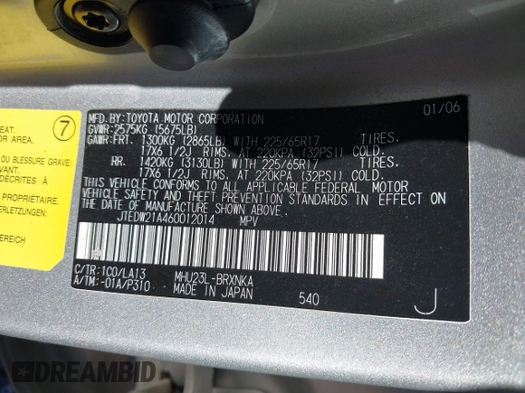 2006 Toyota Highlander z VIN JTEDW21A460012014, wystawiony jako IAAI lot #41105328 z przebiegiem 135 650 mil mil oraz . Historia ofert i sprzedaży dostępna na DreamBid. Obrazek 9.