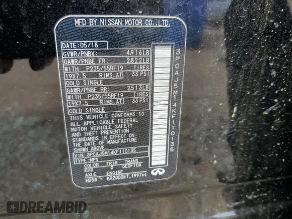 2019 Infiniti QX50 Essential with VIN 3PCAJ5M14KF110135, listed as a Copart auction lot 53288415 with 155,063 mi miles and Salvage title. Bid and sale history available at DreamBid. Image 13.