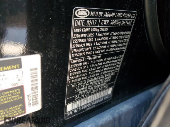 2017 Land Rover Range Rover Sport HSE Dynamic with VIN SALWV2FV4HA143185, listed as a Copart auction lot 46954895 with 81,128 mi miles and Salvage Title. Bid and sale history available at carsss.com. Image 13.