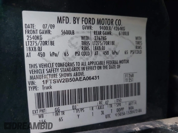 2010 Ford Super Duty F-250 SRW XL with VIN 1FTSW2B50AEA06431, listed as a IAAI auction lot 41406607 with 229,665 mi miles. Bid and sale history available at carsss.com. Image 9.