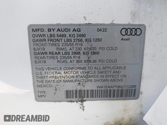 2022 Audi Q5 S line Premium Plus with VIN WA1EAAFY9N2112369, listed as a IAAI auction lot 42085322 with 58,303 mi miles and . Bid and sale history available at DreamBid. Image 9.
