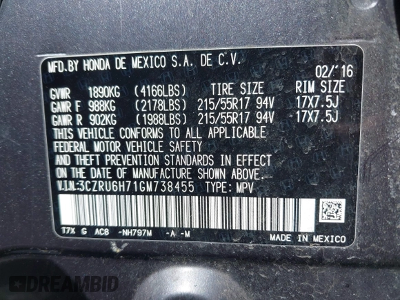 2016 Honda HR-V EX-L w/Navi with VIN 3CZRU6H71GM738455, listed as a IAAI auction lot 42017707 with 83,708 mi miles. Bid and sale history available at carsss.com. Image 9.