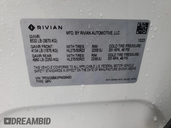 2023 Rivian R1S Adventure z VIN 7PDSGBBA2PN026420, wystawiony jako Copart lot #55331045 z przebiegiem 29 938 mil mil oraz Szkoda całkowita • Salvage title. Historia ofert i sprzedaży dostępna na DreamBid. Obrazek 12.