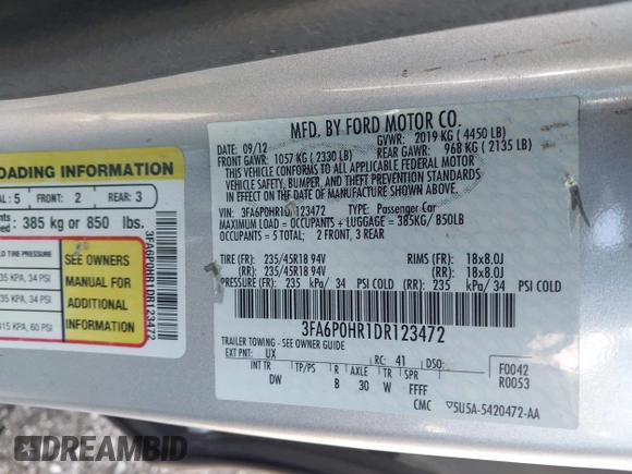 2013 Ford Fusion SE with VIN 3FA6P0HR1DR123472, listed as a IAAI auction lot 42011079 with 105,108 mi miles and . Bid and sale history available at DreamBid. Image 9.