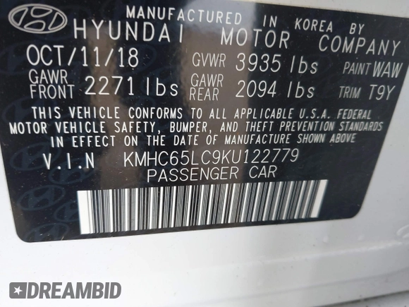 2019 Hyundai Ioniq Blue with VIN KMHC65LC9KU122779, listed as a IAAI auction lot 41722347 with 75,644 mi miles and . Bid and sale history available at DreamBid. Image 9.