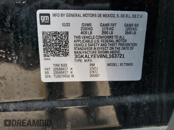 2022 GMC Terrain AT4 with VIN 3GKALYEV8NL163721, listed as a Copart auction lot 41364745 with 44,655 mi miles and Salvage Title. Bid and sale history available at DreamBid. Image 15.