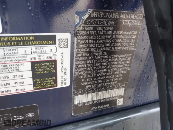 2018 Land Rover Range Rover HSE с VIN SALGS2SV9JA510154, выставлен на аукционе IAAI как лот 41950878 с пробегом 84 000 миль миль и . История ставок и продаж доступна на DreamBid. Изображение 9.