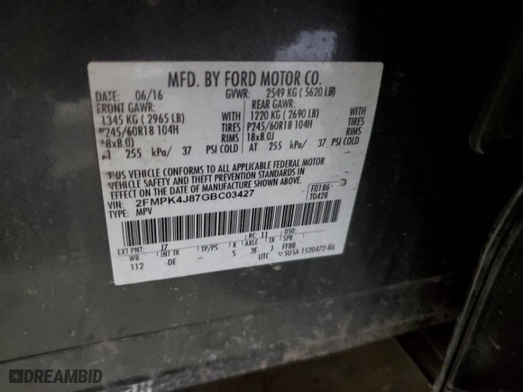 2016 Ford Edge SEL with VIN 2FMPK4J87GBC03427, listed as a Copart auction lot 48317115 with 98,357 mi miles and Salvage Title. Bid and sale history available at carsss.com. Image 13.