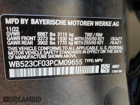 2023 BMW iX xDrive50 z VIN WB523CF03PCM09655, wystawiony jako Copart lot #52922124 z przebiegiem 3 159 mil mil oraz . Historia ofert i sprzedaży dostępna na DreamBid. Obrazek 14.