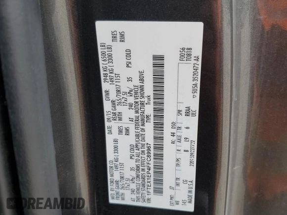2015 Ford F-150 XLT with VIN 1FTEX1EP4FFC89967, listed as a Copart auction lot 50728835 with 154,528 mi miles and Salvage Title. Bid and sale history available at DreamBid. Image 14.