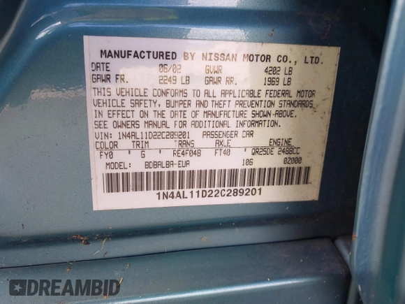 2002 Nissan Altima S with VIN 1N4AL11D22C289201, listed as a IAAI auction lot 42738272 with Not provided miles and . Bid and sale history available at DreamBid. Image 9.