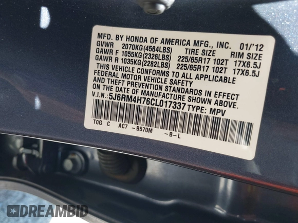2012 Honda CR-V EX-L with VIN 5J6RM4H76CL017337, listed as a IAAI auction lot 41831385 with 163,033 mi miles. Bid and sale history available at carsss.com. Image 9.