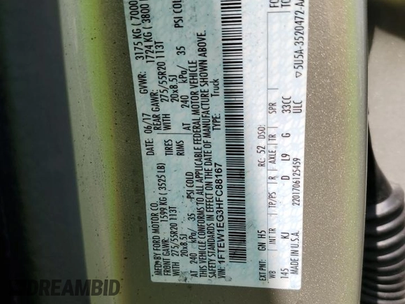 2017 Ford F-150 XL with VIN 1FTEW1EG3HFC88167, listed as a Copart auction lot 57995745 with Not provided miles and Salvage title. Bid and sale history available at DreamBid. Image 12.