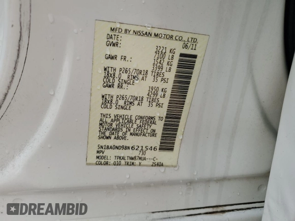 2011 Nissan Armada SV with VIN 5N1BA0ND9BN621546, listed as a Copart auction lot 50349545 with 94,226 mi miles and Salvage Title. Bid and sale history available at DreamBid. Image 13.
