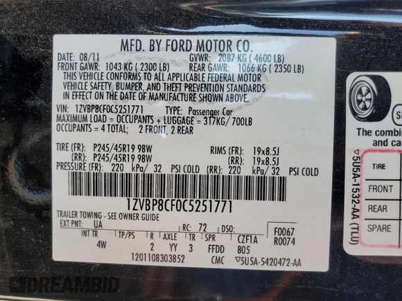 2012 Ford Mustang GT Premium with VIN 1ZVBP8CF0C5251771, listed as a Copart auction lot 41783705 with 104,785 mi miles and Salvage Title. Bid and sale history available at DreamBid. Image 12.