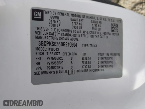 2011 Chevrolet Silverado 1500 LT with VIN 3GCPKSE36BG219504, listed as a IAAI auction lot 41891475 with 189,240 mi miles. Bid and sale history available at carsss.com. Image 9.
