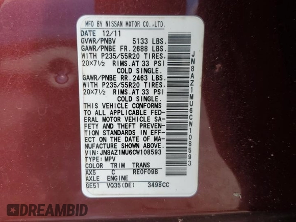 2012 Nissan Murano S with VIN JN8AZ1MU6CW108593, listed as a Copart auction lot 56797295 with 117,559 mi miles and Salvage title. Bid and sale history available at DreamBid. Image 12.