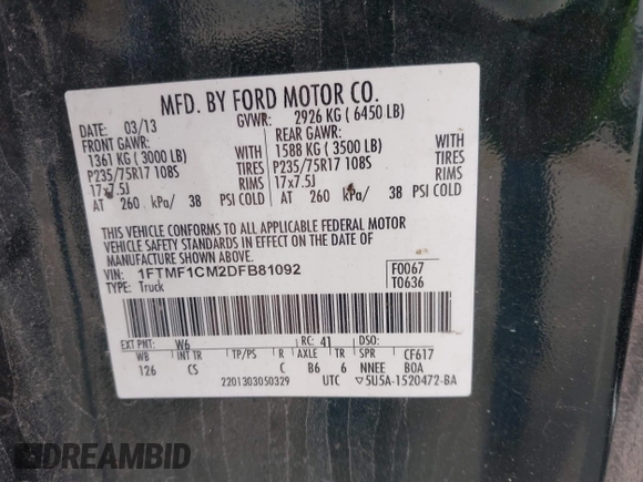 2013 Ford F-150 XL z VIN 1FTMF1CM2DFB81092, wystawiony jako IAAI lot #42364662 z przebiegiem 118 038 mil mil oraz . Historia ofert i sprzedaży dostępna na DreamBid. Obrazek 9.