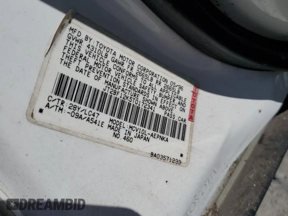 1996 Toyota Camry LE z VIN JT2BF12K5T0172341, wystawiony jako Copart lot #53384845 z przebiegiem 308 235 mil mil oraz Szkoda całkowita • Salvage title. Historia ofert i sprzedaży dostępna na DreamBid. Obrazek 12.