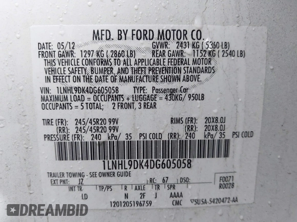 2013 Lincoln MKS with VIN 1LNHL9DK4DG605058, listed as a IAAI auction lot 41068489 with 101,801 mi miles. Bid and sale history available at carsss.com. Image 9.