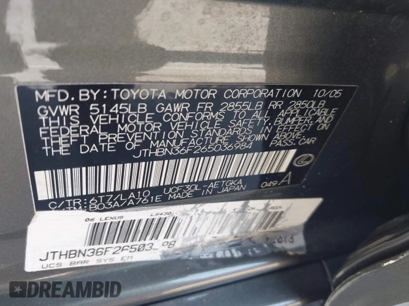 2006 Lexus LS 430 z VIN JTHBN36F265036984, wystawiony jako IAAI lot #42163570 z przebiegiem 144 466 mil mil oraz . Historia ofert i sprzedaży dostępna na DreamBid. Obrazek 9.
