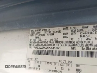 2015 Ford Transit XL with VIN 1FBZX2ZMXFKA31553, listed as a IAAI auction lot 41588965 with 204,796 mi miles and . Bid and sale history available at DreamBid. Image 9.