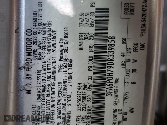 2013 Ford Fusion SE with VIN 3FA6P0H79DR339858, listed as a Copart auction lot 61156225 with 106,676 mi miles and Salvage title. Bid and sale history available at DreamBid. Image 12.