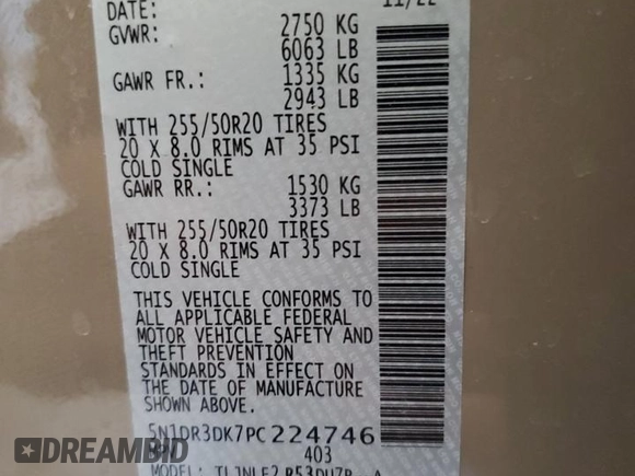 2023 Nissan Pathfinder Platinum with VIN 5N1DR3DK7PC224746, listed as a Copart auction lot 49242495 with 31,442 mi miles and Salvage title. Bid and sale history available at DreamBid. Image 13.