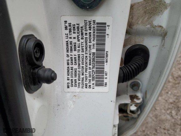 2016 Honda Civic Sedan EX with VIN 19XFC2F76GE086398, listed as a Copart auction lot 44047685 with 73,973 mi miles and Salvage Title. Bid and sale history available at carsss.com. Image 12.