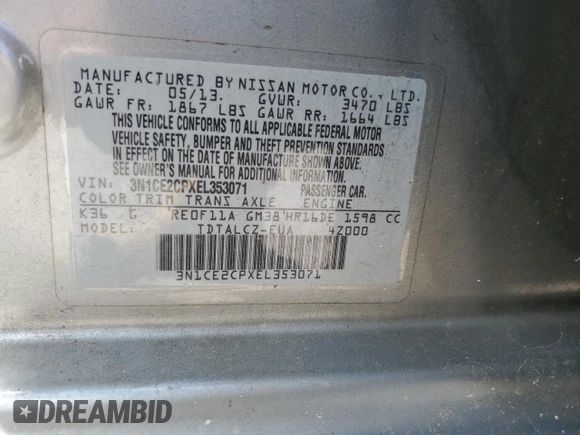 2014 Nissan Note S with VIN 3N1CE2CPXEL353071, listed as a Copart auction lot 56045695 with 88,804 mi miles and Salvage title. Bid and sale history available at DreamBid. Image 12.